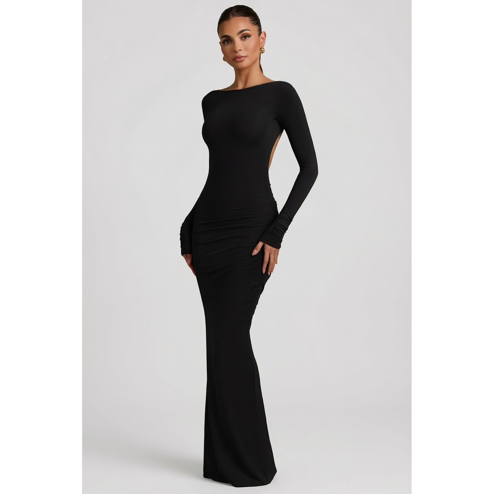 Oh Polly Black Long Sleeve Open Back Maxi Dress Ruched‎ Modal Formal Size M NWT